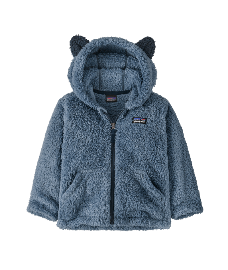 Baby fleece zip-up hoodie with bear ears on hood and kangaroo pocket, front view