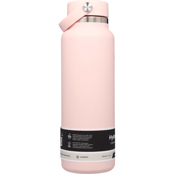Pale pink insulated stainless steel water bottle with flex cap handle, side view