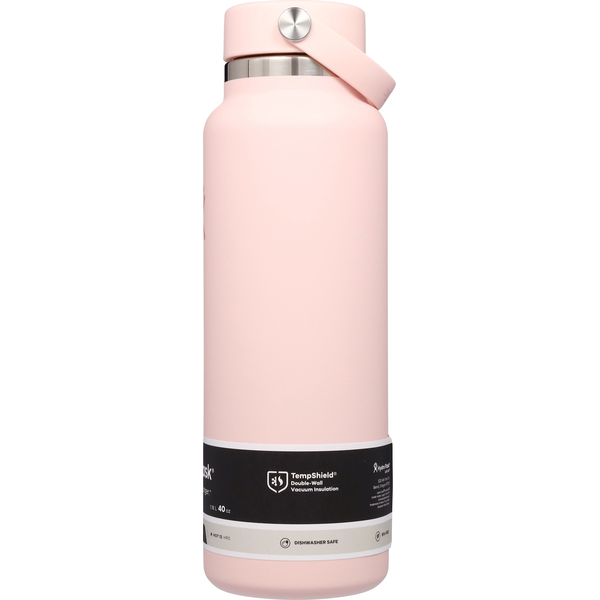 40oz wide mouth insulated water bottle in pastel pink with flex cap and product label band