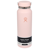 Light pink insulated wide mouth water bottle with flex cap and product label band, front view