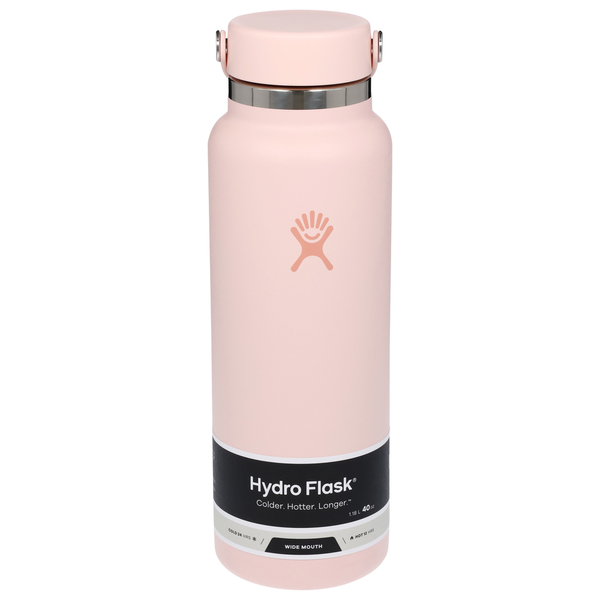 Light pink insulated wide mouth water bottle with flex cap and product label band, front view