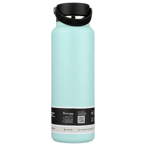 40oz wide mouth insulated water bottle with flex cap handle, back view showing label