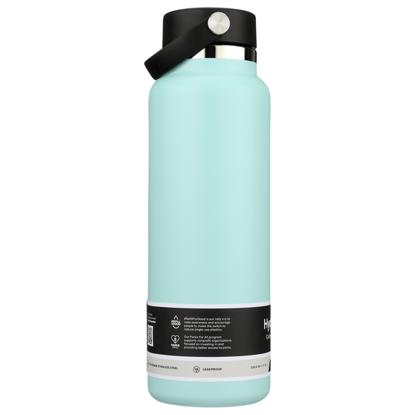 40oz wide mouth insulated water bottle in mint green with black flex cap and handle, side view