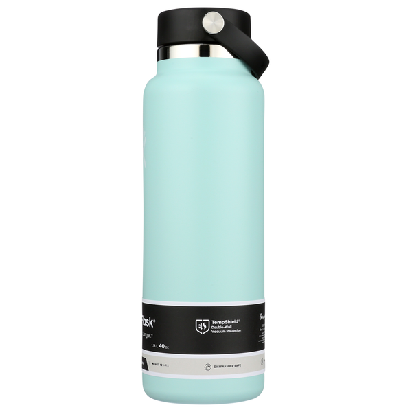 40oz wide mouth insulated water bottle in mint green with black flex cap, front view