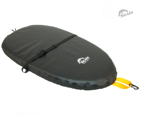 Oval-shaped kayak cockpit cover with strap, buckle, and yellow carabiner pull handle