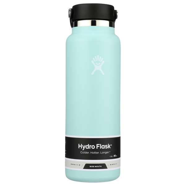 40oz wide mouth insulated water bottle with flex cap and product label, front view