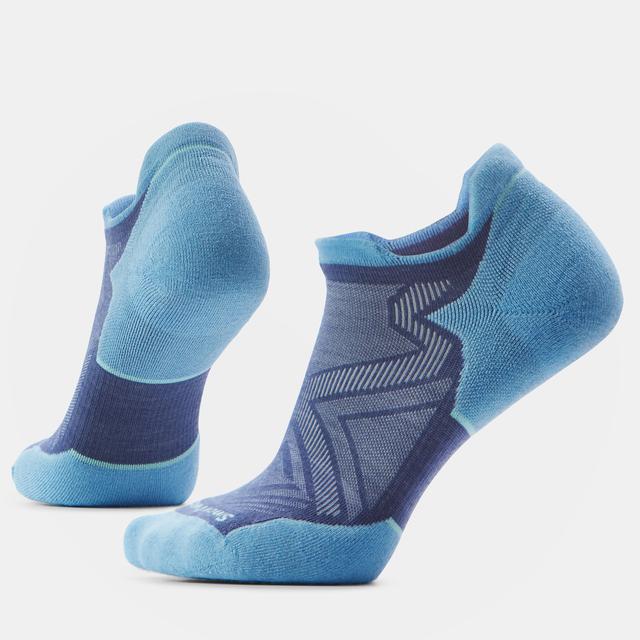 Low ankle athletic socks in blue tones with geometric patterns, shown from side view