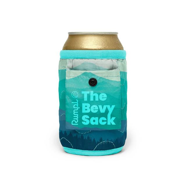 Beverage can insulator koozie with mountain landscape print, featuring a small front pocket with button snap