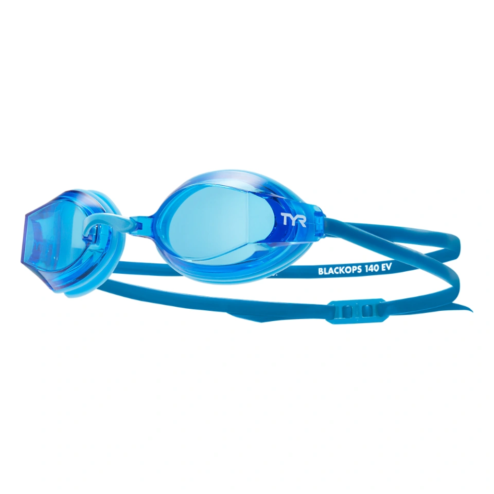 Blue racing swimming goggles with adjustable strap displayed at angle showing lens and frame design