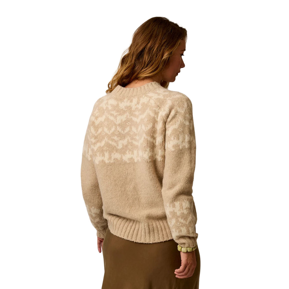 Women's fairisle knit pullover sweater, back view, beige with cream pattern and ribbed hem