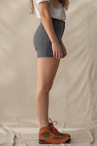 Charcoal gray trail shorts worn with hiking boots, side profile view showing fit and length