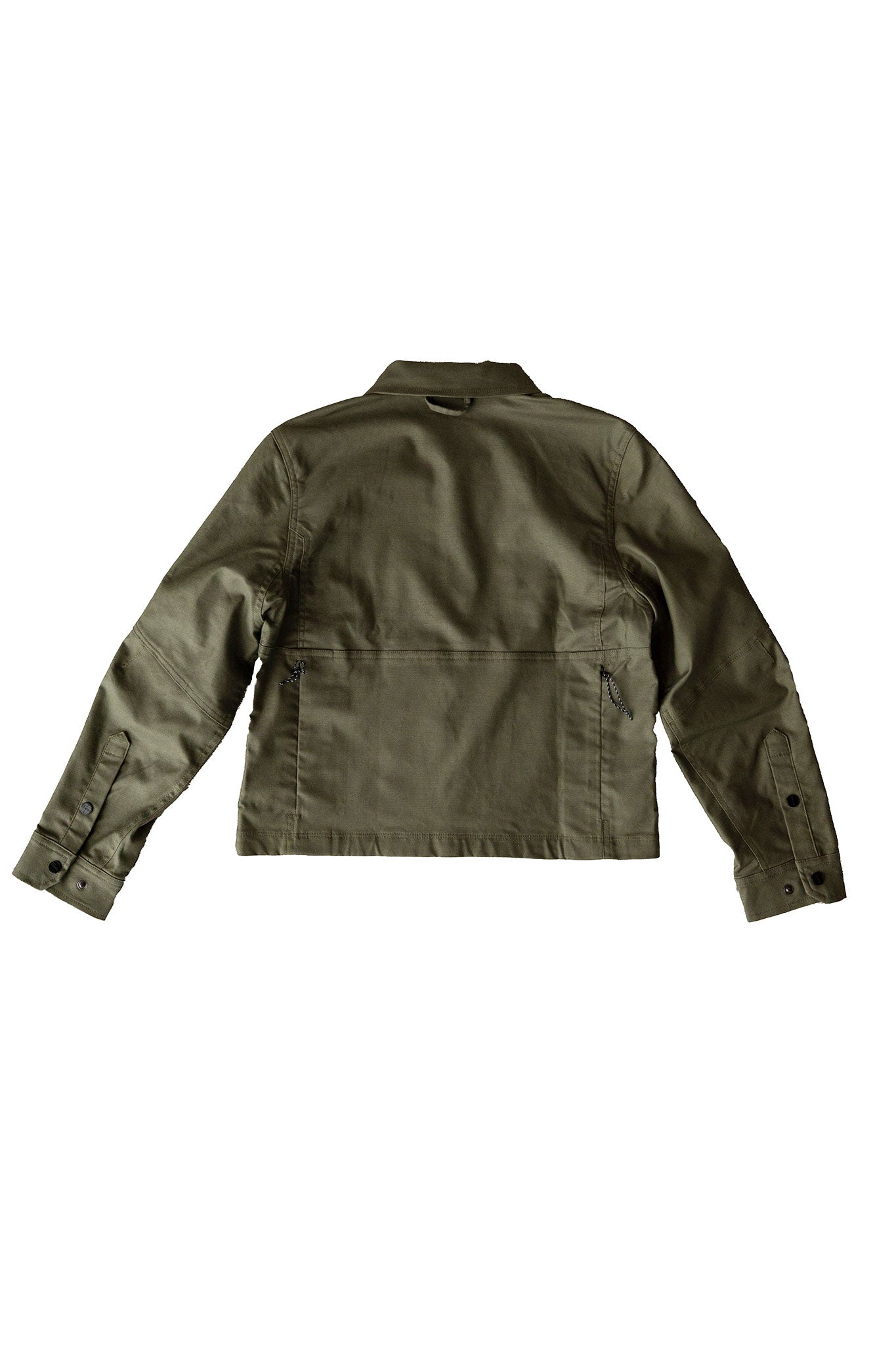 Olive green women's utility jacket, back view, with snap cuffs and back pocket