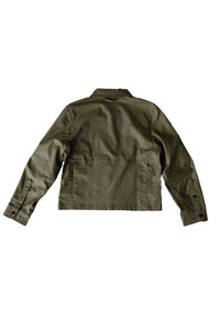 Olive green women's utility jacket, back view, with snap cuffs and back pocket