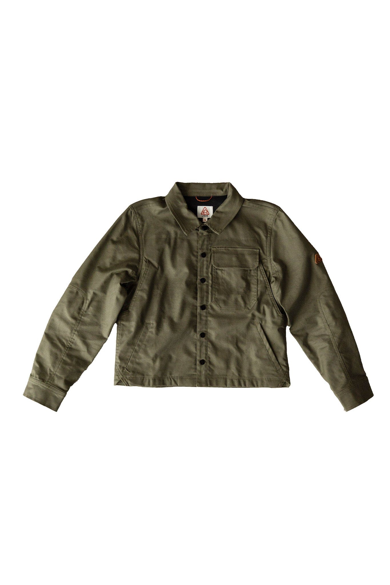 Olive green button-front cropped jacket with chest pocket and sleeve patch, flat lay view