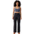 Women's high-waisted black wide-leg travel trousers with front seam detail, full-length front view