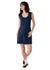 Navy sleeveless dress with scoop neck and above-knee length, shown on model