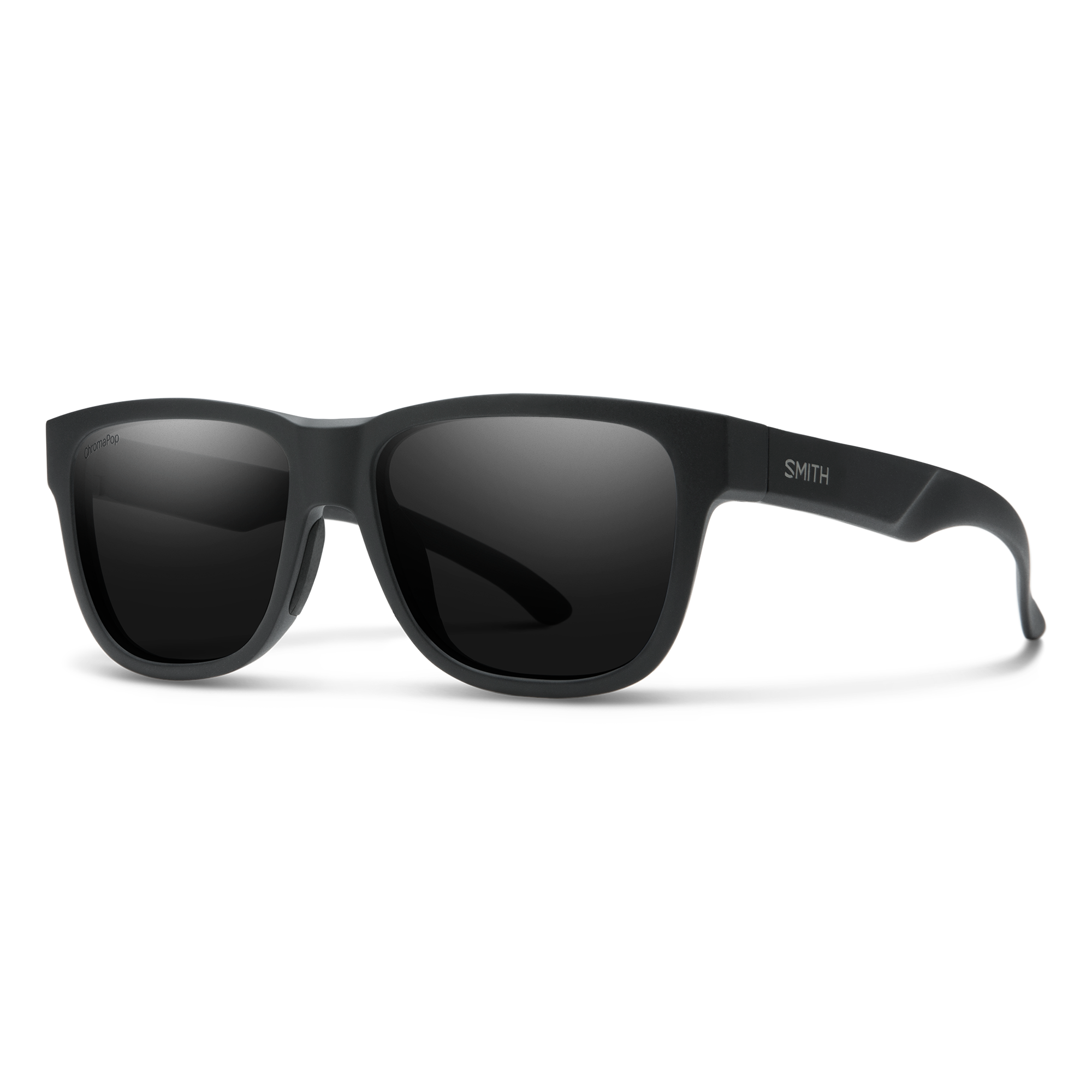 Black wayfarer-style sunglasses with dark lenses shown at three-quarter angle
