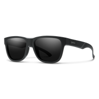 Black wayfarer-style sunglasses with dark lenses shown at three-quarter angle