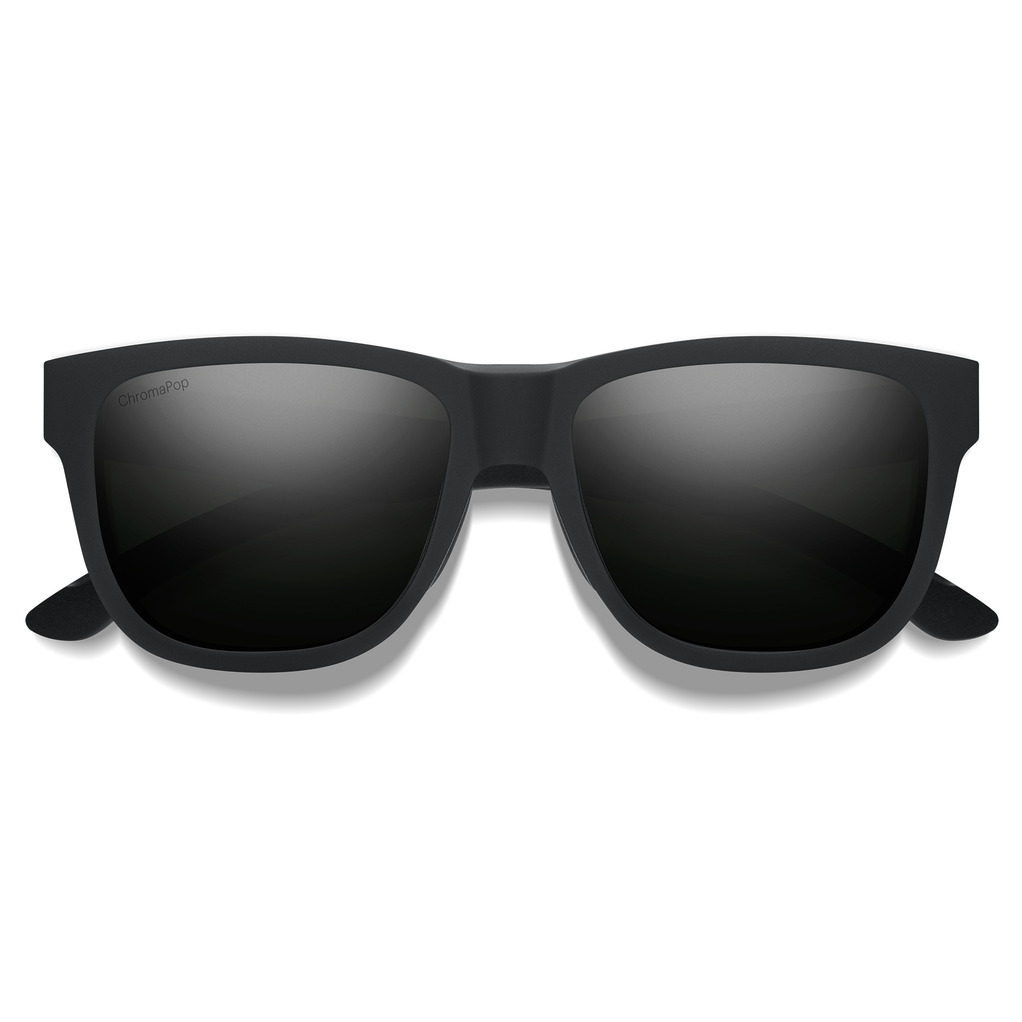 Black wayfarer-style sunglasses with dark lenses on white background, front view