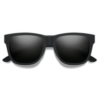 Black wayfarer-style sunglasses with dark lenses on white background, front view