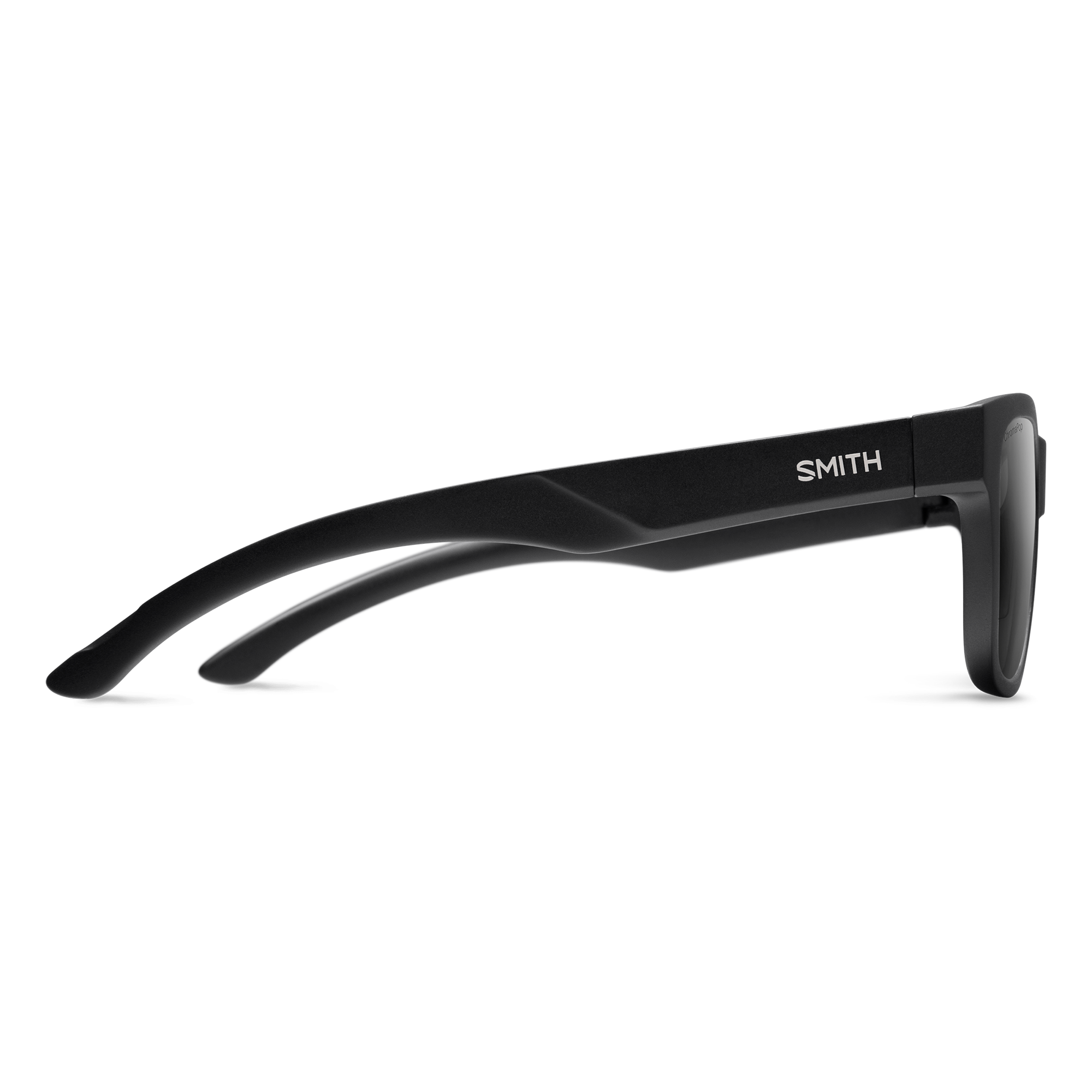 Black sunglasses frame shown from side profile against white background