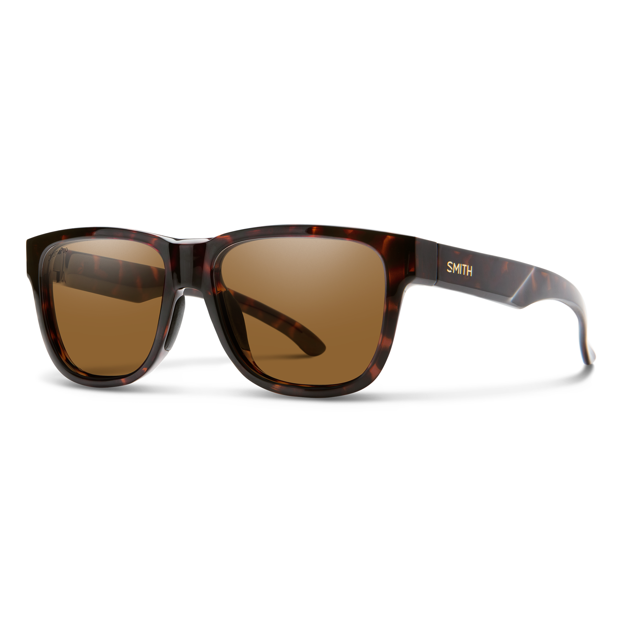 Tortoise shell patterned sunglasses with brown lenses, three-quarter view angle