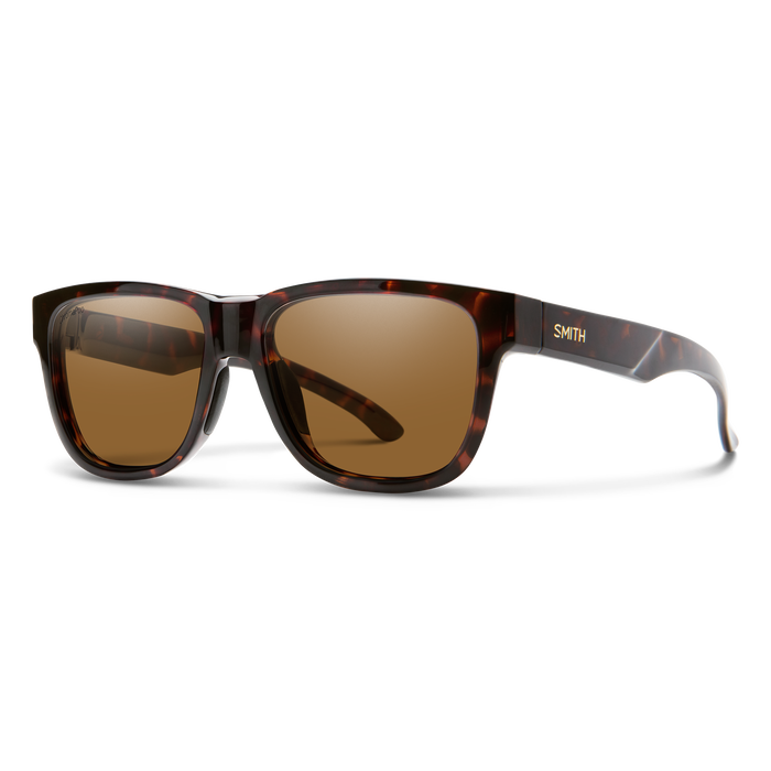 Tortoise shell patterned sunglasses with brown lenses, three-quarter view angle