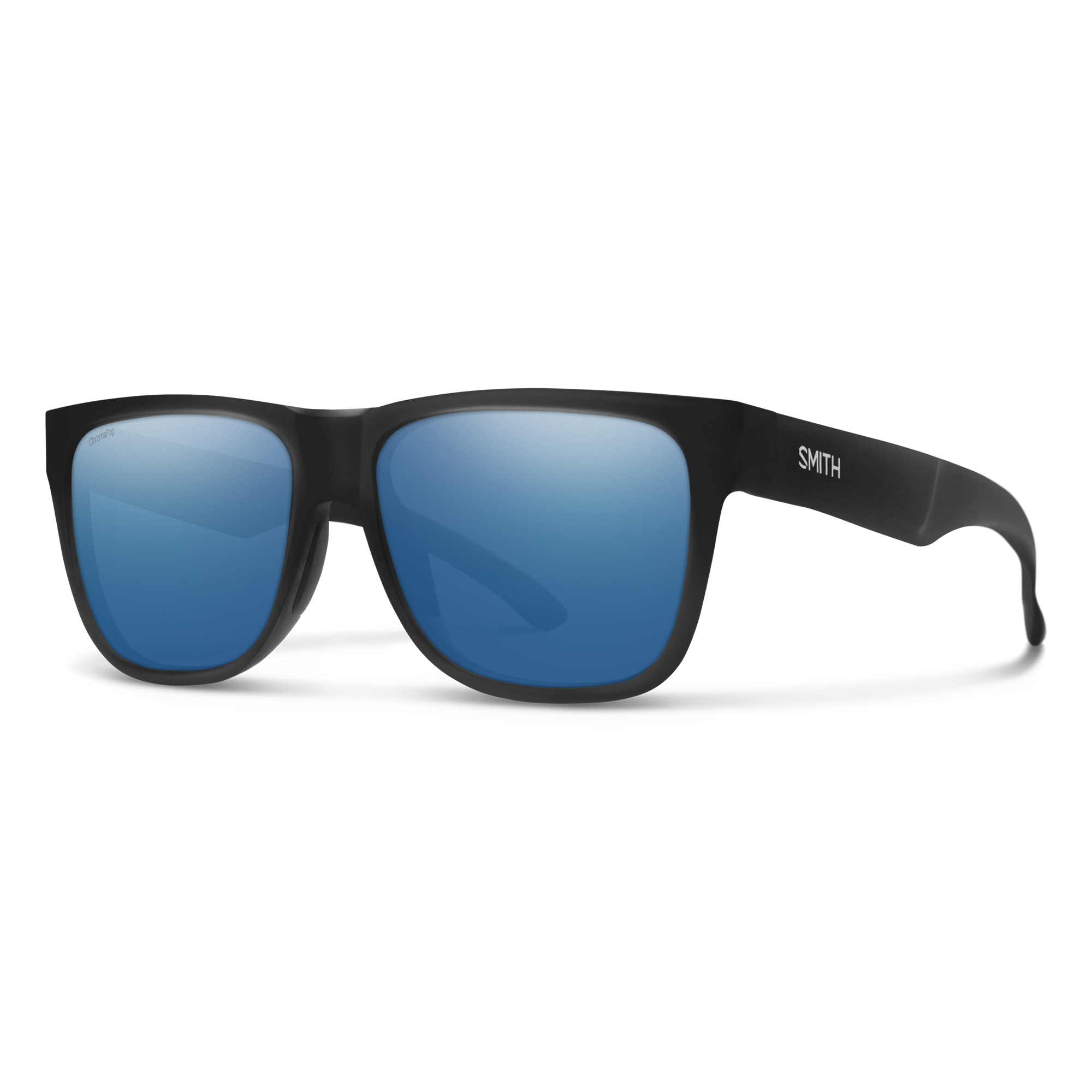 Black framed sunglasses with blue mirrored lenses shown at three-quarter angle