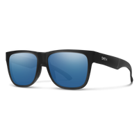 Black framed sunglasses with blue mirrored lenses shown at three-quarter angle