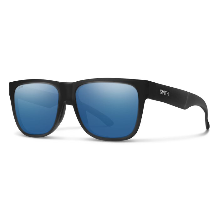 Black framed sunglasses with blue mirrored lenses shown at three-quarter angle