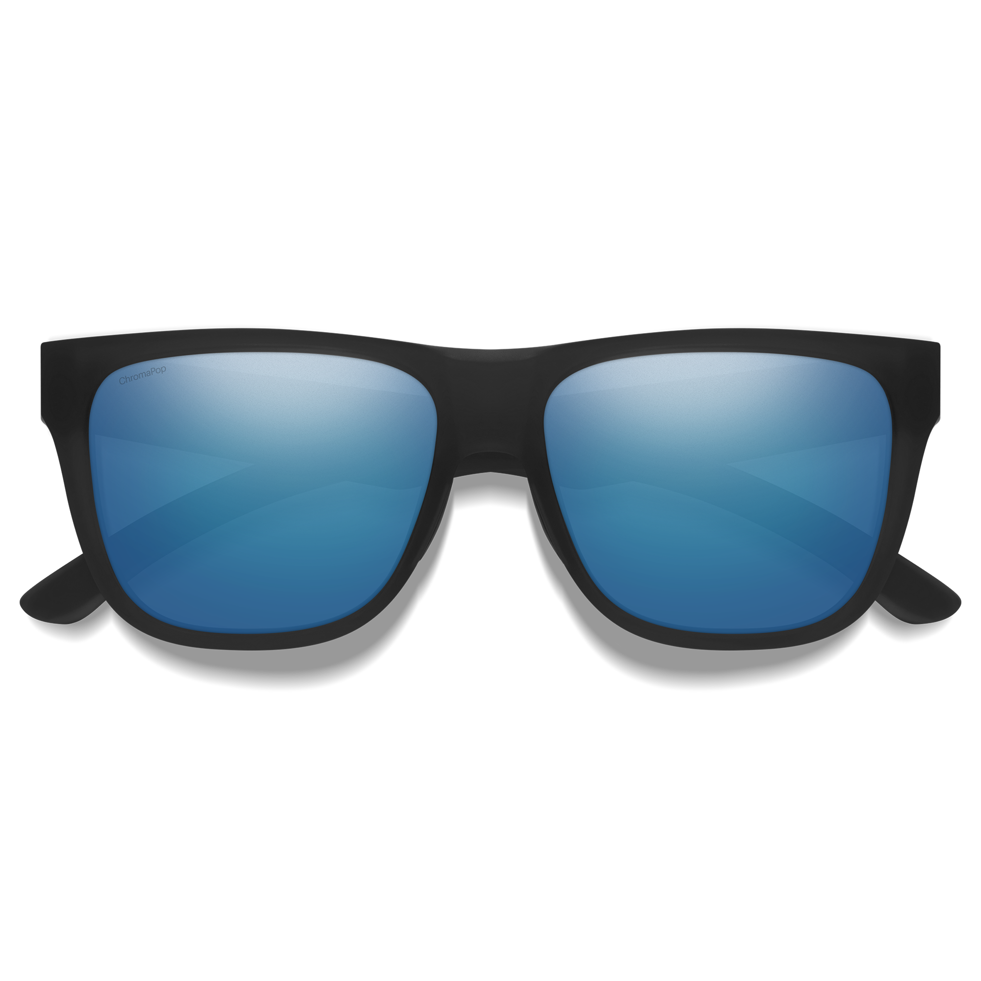 Matte black sunglasses with blue mirrored lenses, front view on white background