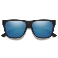 Matte black sunglasses with blue mirrored lenses, front view on white background