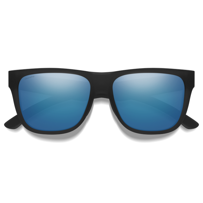 Matte black sunglasses with blue mirrored lenses, front view on white background