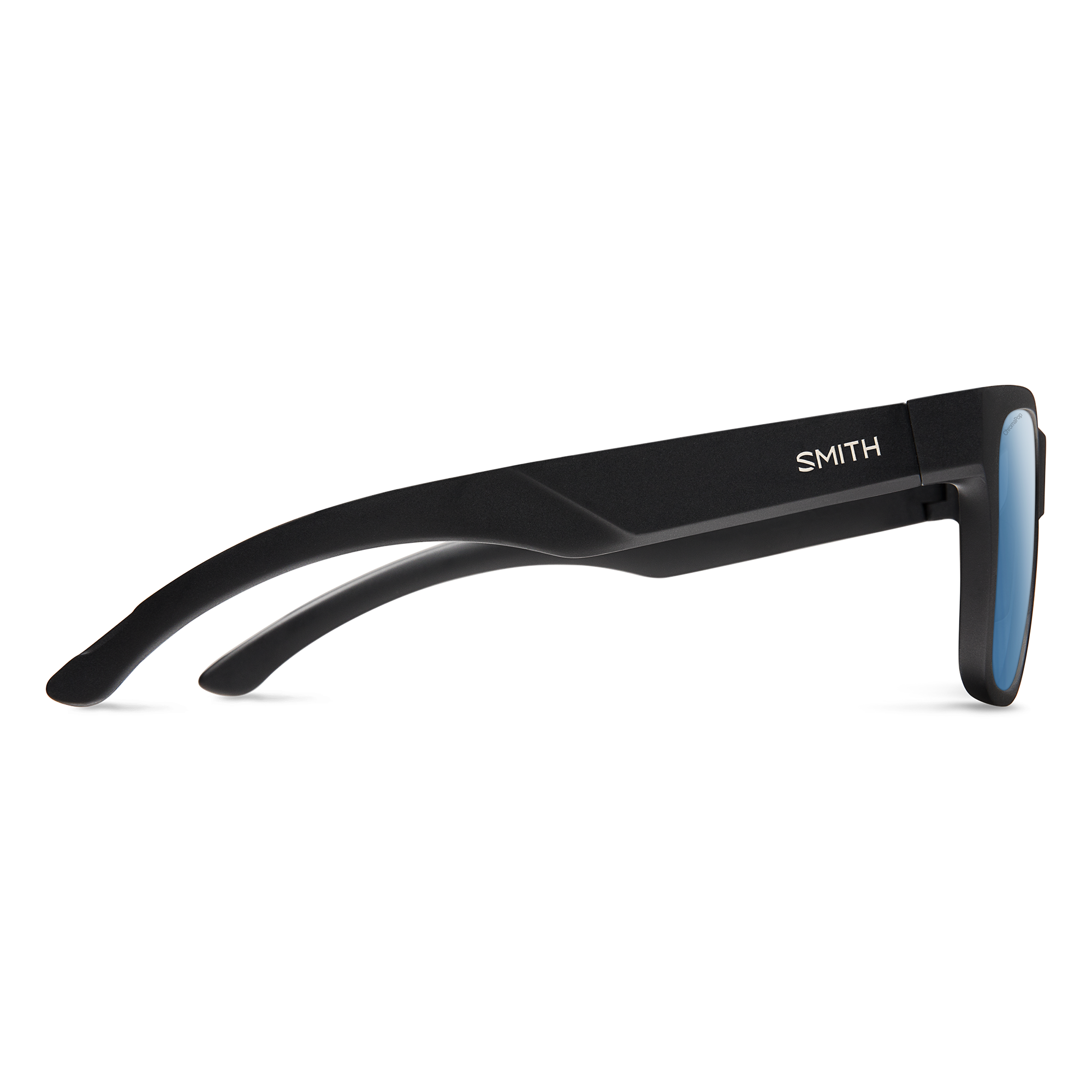Black sunglasses with blue-tinted lenses shown from side profile view