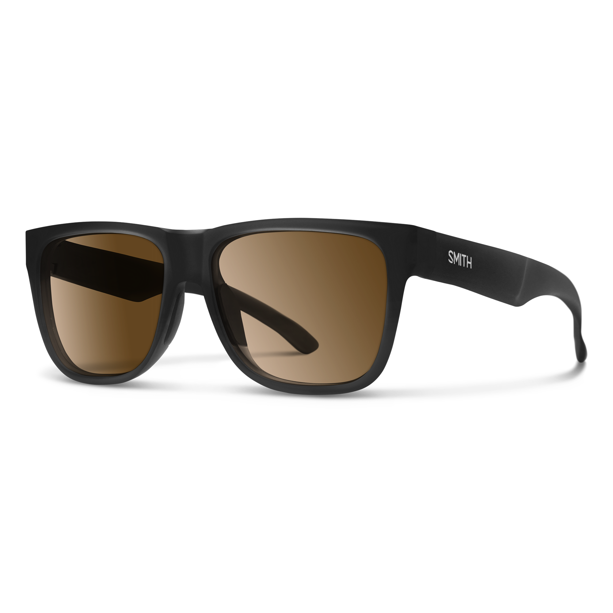 Black square-frame sunglasses with brown gradient lenses shown at three-quarter angle