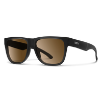 Black square-frame sunglasses with brown gradient lenses shown at three-quarter angle