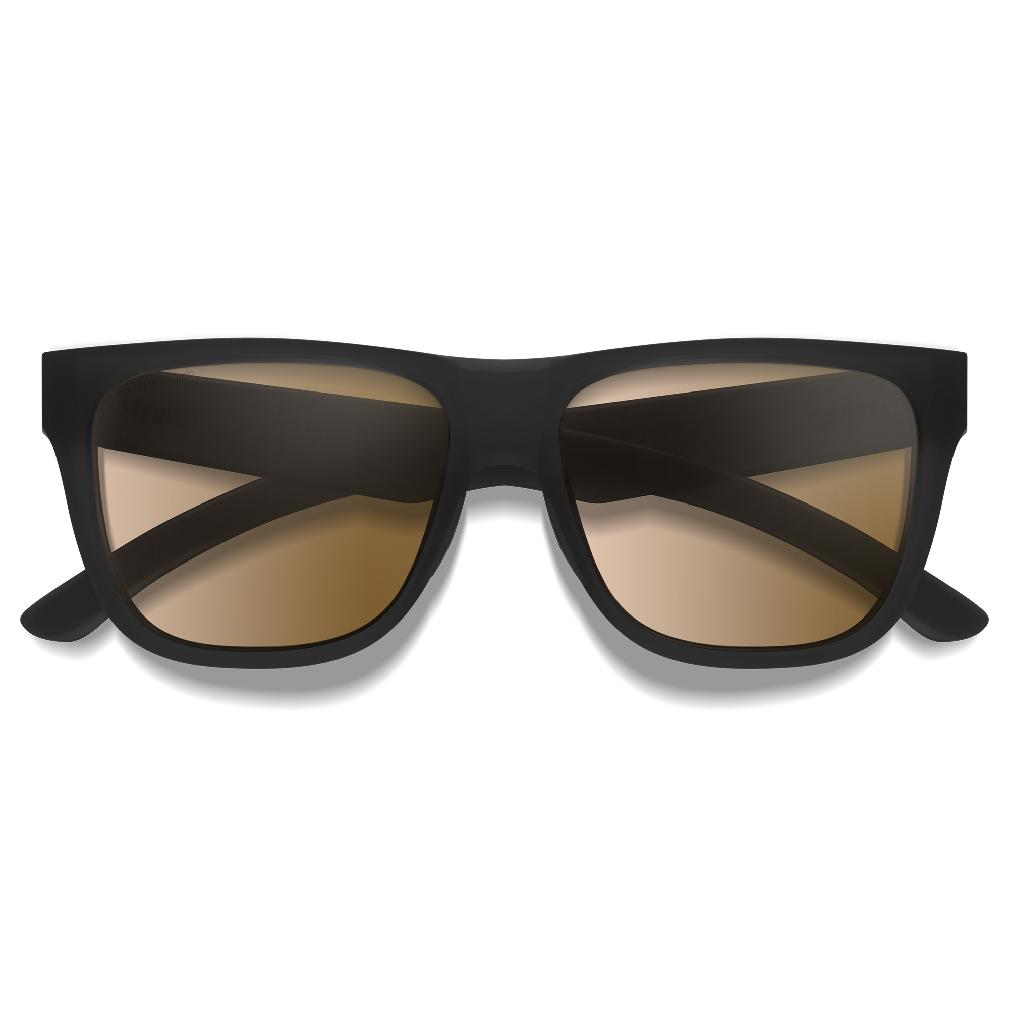 Black sunglasses with brown gradient photochromic lenses, front view on white background