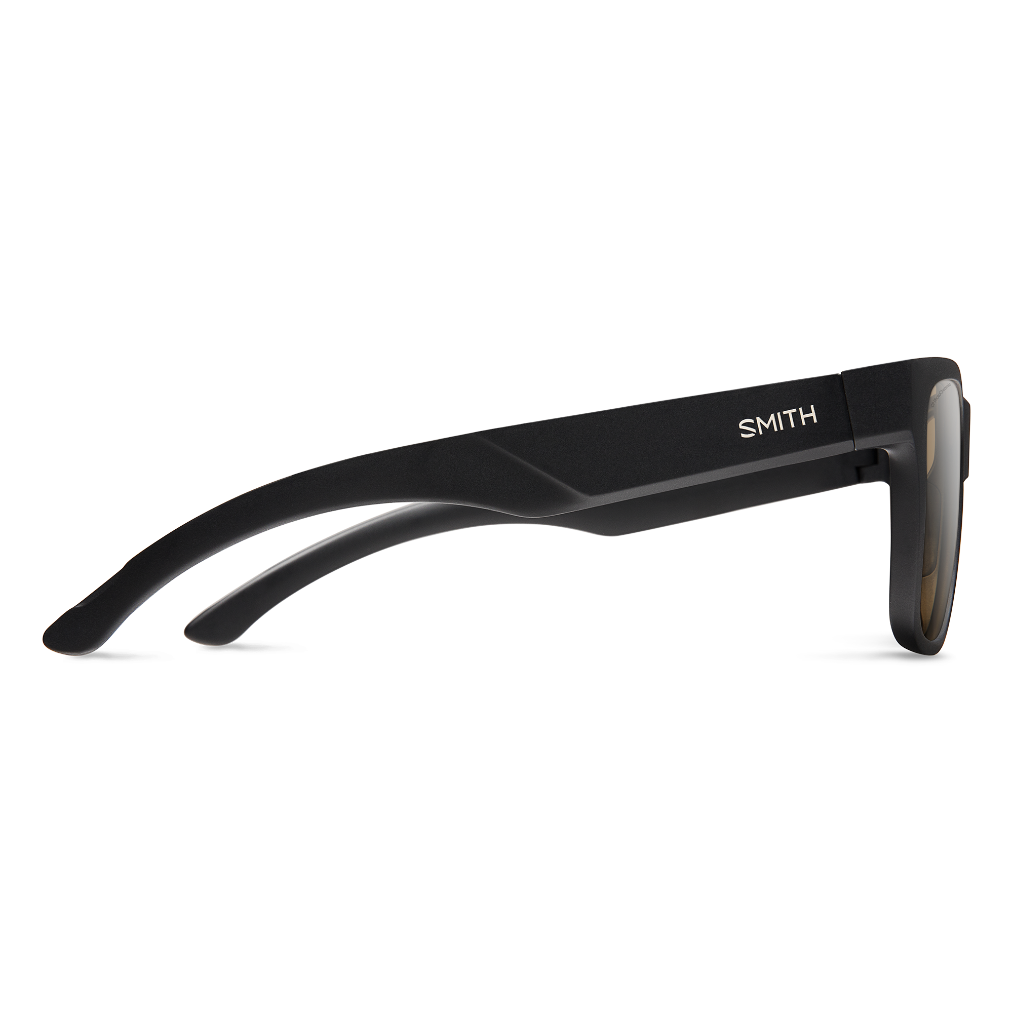 Black rectangular sunglasses with dark lenses shown from side profile view
