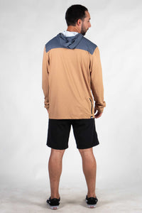 Men's hooded long sleeve shirt in brown and blue colorblock design, back view