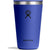 Deep blue insulated tumbler with press-in lid and stainless steel rim, front view
