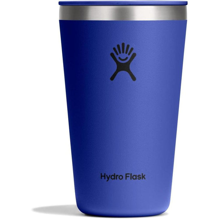 Deep blue insulated tumbler with press-in lid and stainless steel rim, front view