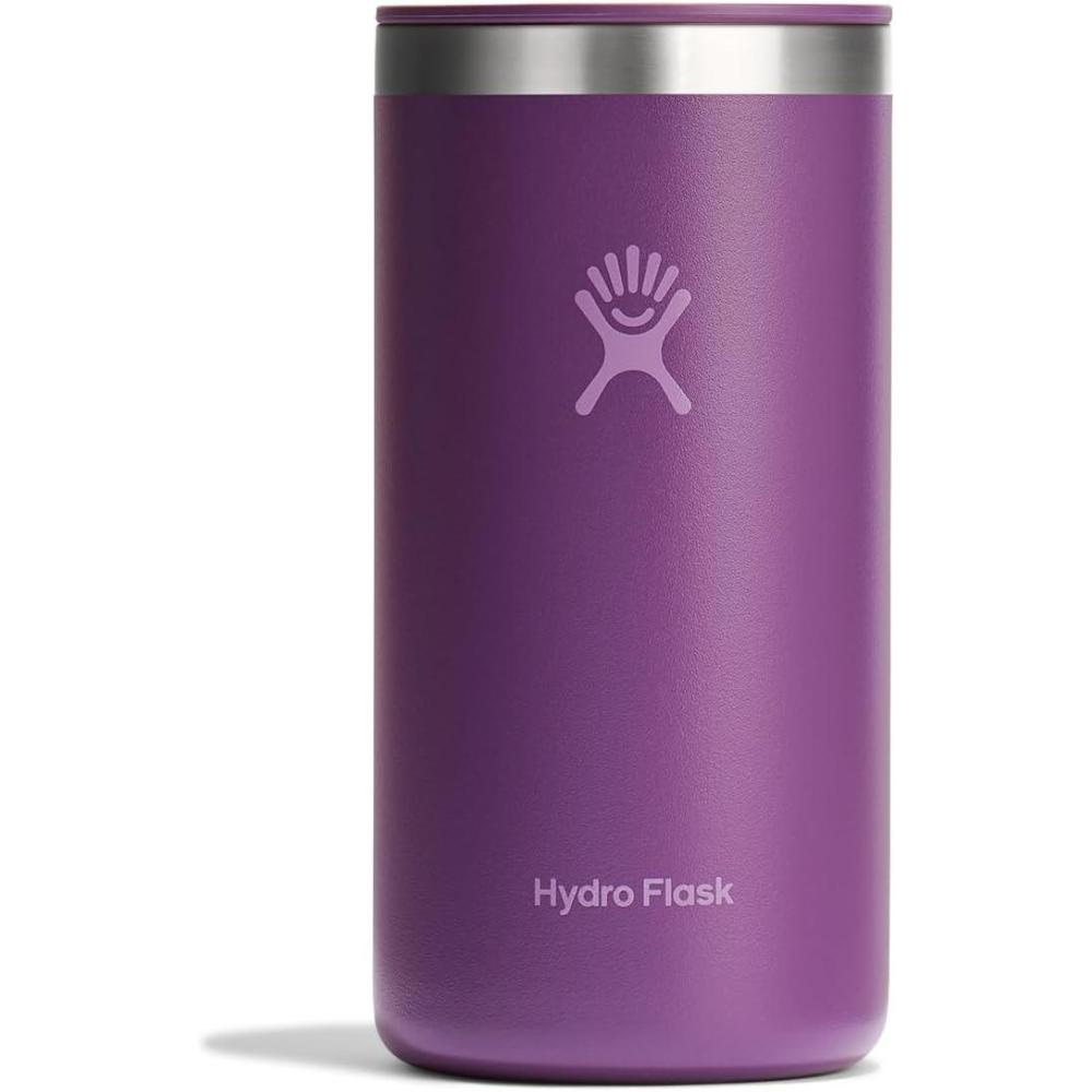 Deep purple insulated tumbler cup with silver lid and hand logo, front view