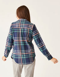 Women's plaid flannel shirt in navy multi-color tartan, back view on model