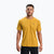 Golden yellow short sleeve technical t-shirt with crew neck, front view on model