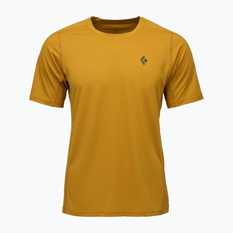 Mustard yellow short sleeve athletic t-shirt with crew neck, front view on white background