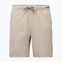 Light beige athletic shorts with drawstring waist and side pockets, front view