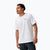 Men's white graphic short sleeve t-shirt with small chest logo, front three-quarter view