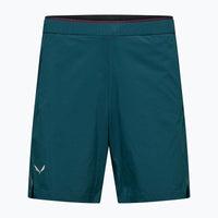 Teal athletic shorts with elastic waistband and side vents, front view