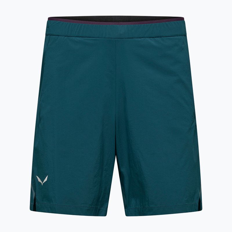 Teal athletic shorts with elastic waistband and side vents, front view