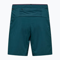 Teal athletic shorts with mesh waistband pocket and side zip, front view